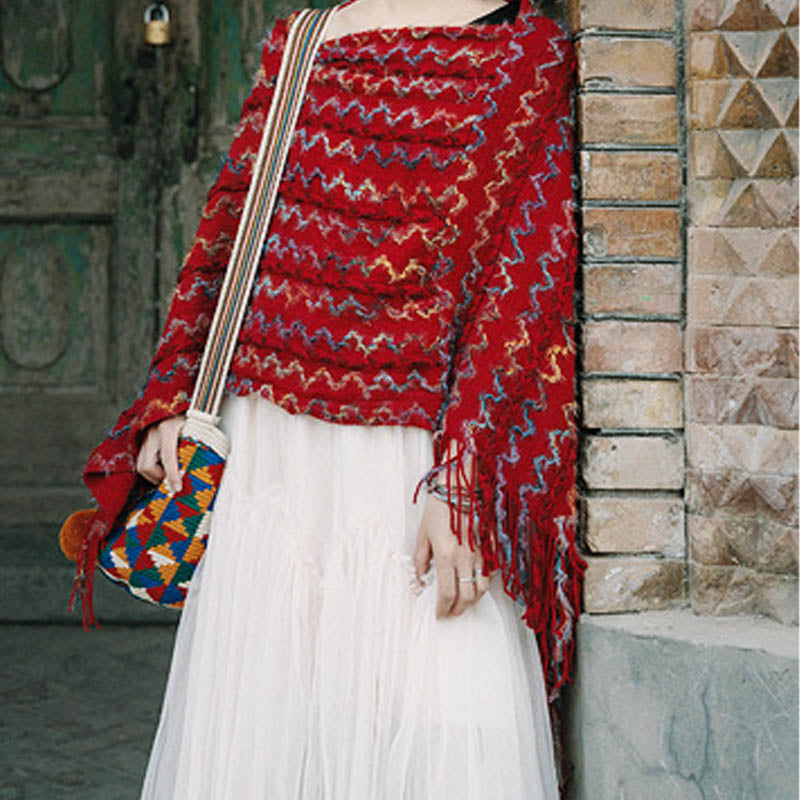 Tibetan Colorful Striped Shawl Tassels Pullover Winter Cozy Travel Scarf Wrap