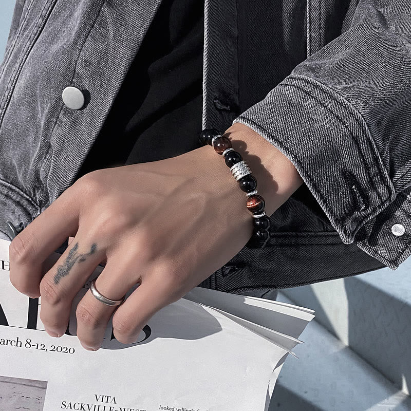 10mm Black Obsidian and Tiger Eye Beaded Bracelet with Titanium Steel