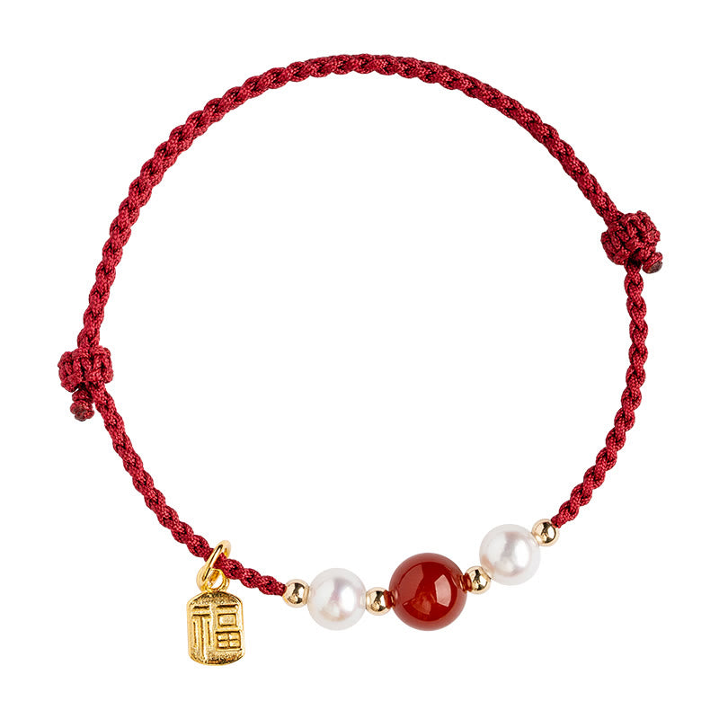 925 Sterling Silver Fu Prosperity Charm Agate Pearl Red String Braided Bracelet