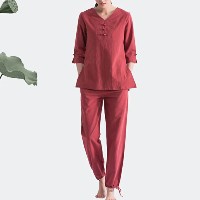 Yoga Meditation Prayer V-neck Design Cotton Linen Clothing Uniform Zen Practice Women's Set