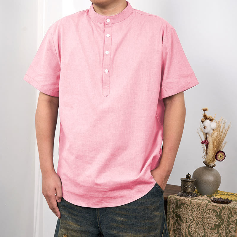 Cotton Linen Stand Collar Short Sleeve Meditation Shirt