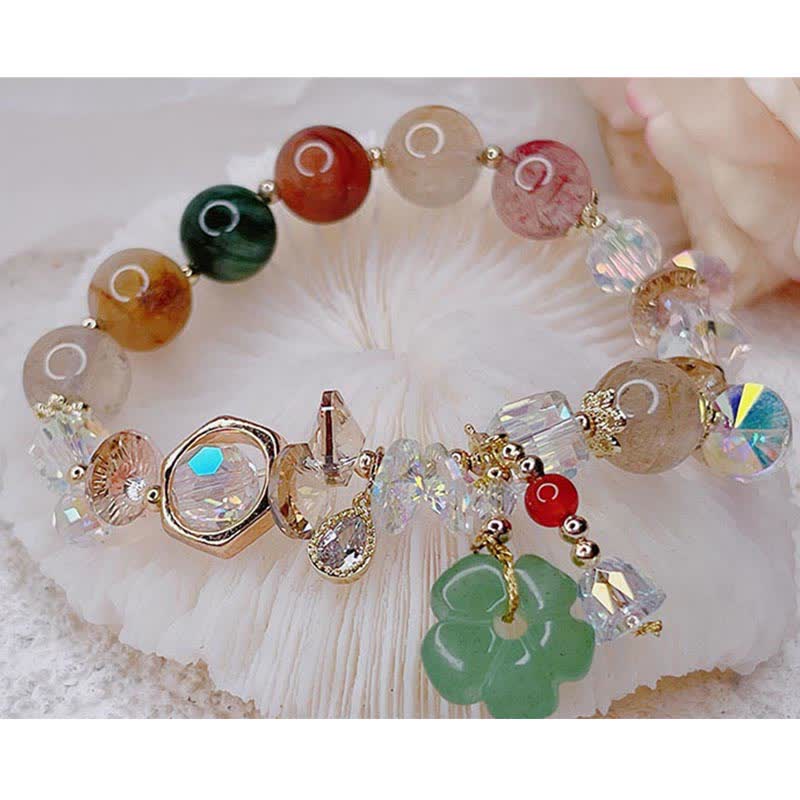 Colorful Green Aventurine and Rutilated Quartz Flower Bead Bracelet