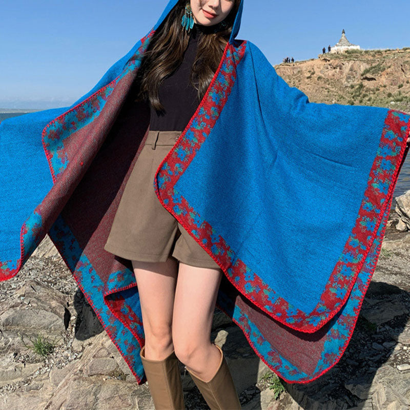 Tibetan Shawl Border Small Floral Flower Hooded Cloak Winter Cozy Travel Scarf Wrap