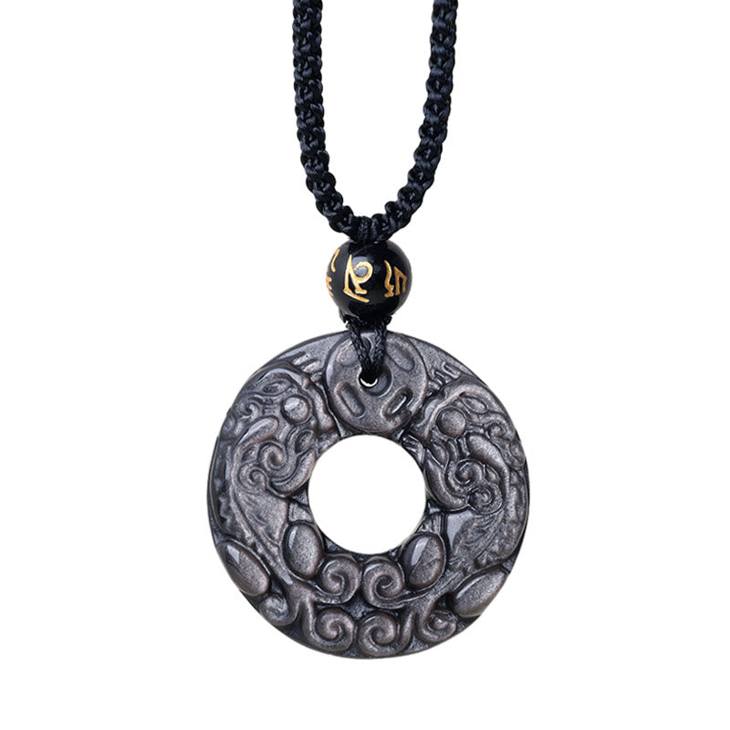 Natural Silver Sheen Obsidian Double PiXiu Copper Coin Peace Buckle Protection Necklace Pendant