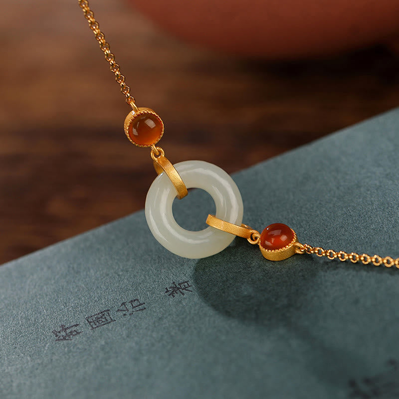 925 Sterling Silver Plated Gold Natural Hetian Jade Peace Buckle Red Agate Luck Bracelet