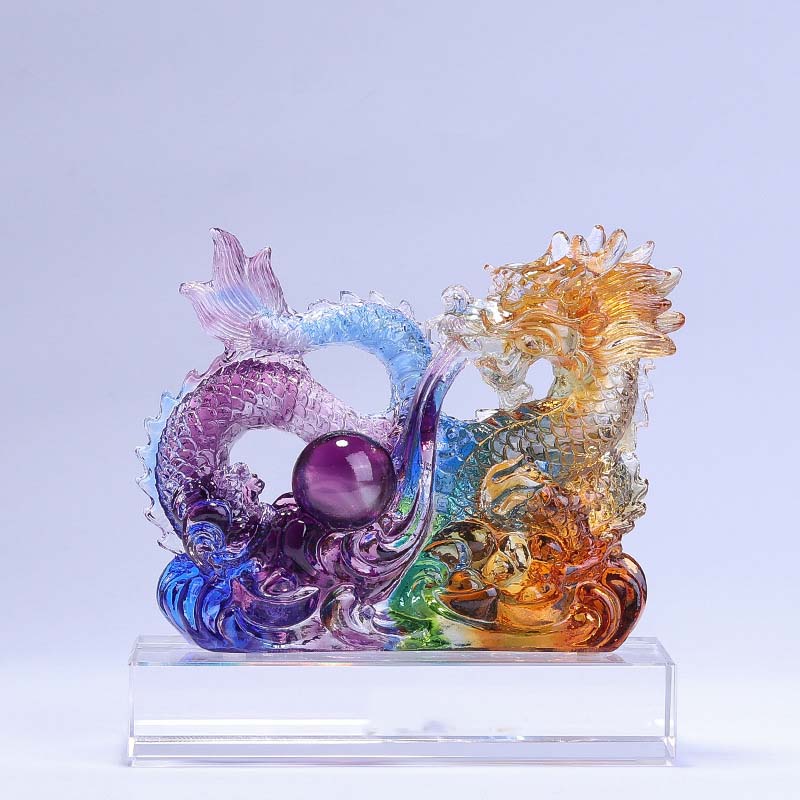 Year of the Dragon Handmade Dragon Playing With Pearl Ingot Liuli Crystal Art Piece Protection Home Office Decoration