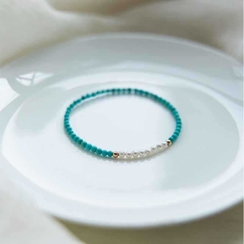 Handcrafted 925 Sterling Silver Natural Turquoise and Pearl Beaded Gold-Tone Bracelet