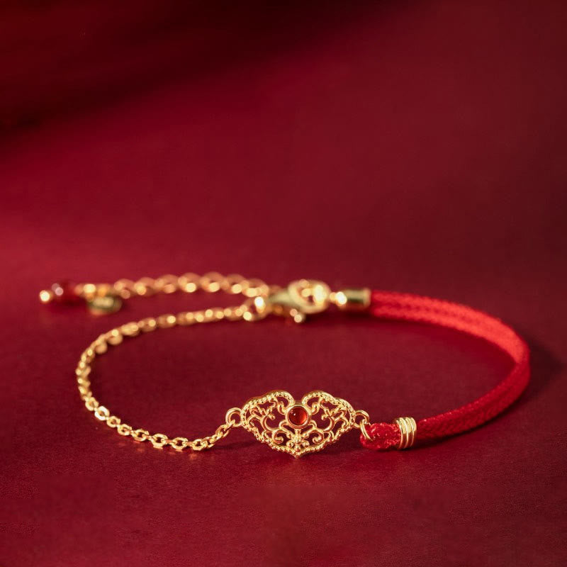 Handmade Red String Bracelet with Gold Longevity Lock and Red Agate