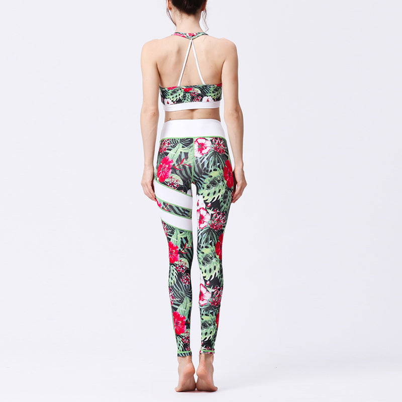 2Pcs Sunflower Flowers Leaves Print Top Pants Sports Fitness Yoga Women's Yoga Sets