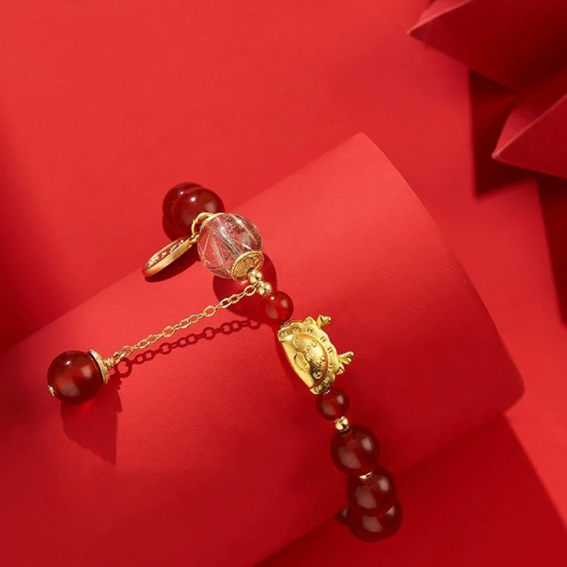 Year of the Dragon Dumpling Natural Red Agate Garnet Hetian Jade Fu Character Luck Success Bracelet