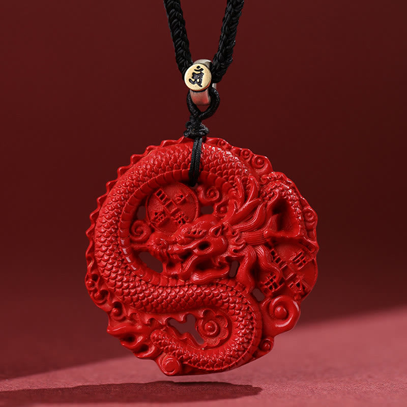 Year of the Dragon 925 Sterling Silver Natural Cinnabar Copper Coin Luck Necklace Pendant