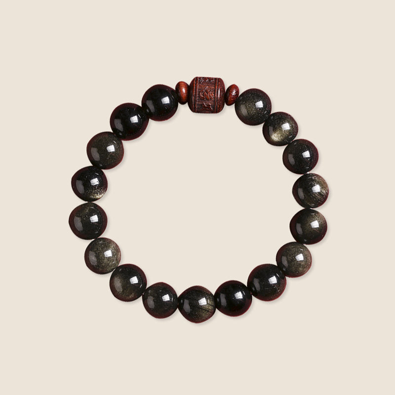 Natural Gold Sheen Obsidian Rainbow Obsidian Om Mani Padme Hum Fu Character Healing Bracelet
