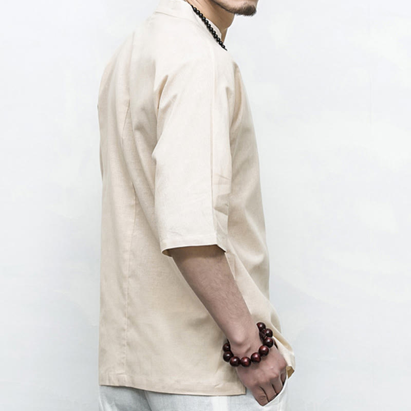 Chinese Frog-Button Tang Suit Zen Half Sleeve Shirt Linen Men Clothing