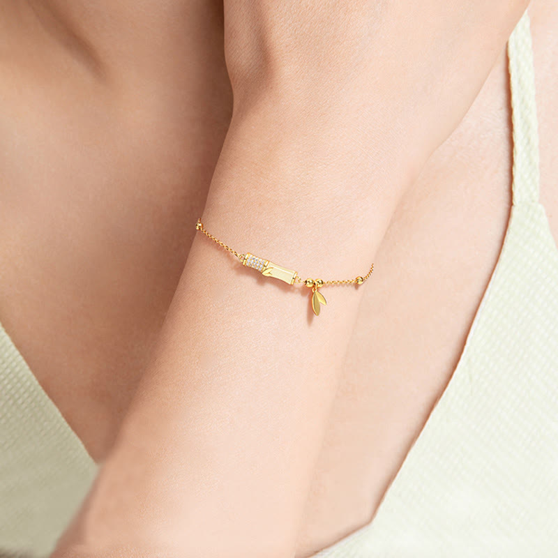 925 Sterling Silver 18K Gold Plated White Jade Bamboo Zircon Leaf Luck Bracelet
