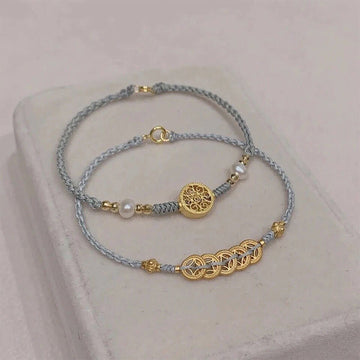 Handcrafted Blue Braided Rope Bracelet with Pearl, Copper Coin & Tree of Life
