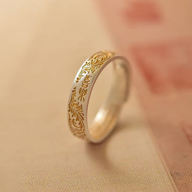999 Sterling Silver Gold-Painted Joyful Flower Pattern Peaceful Heart Sutra Ring