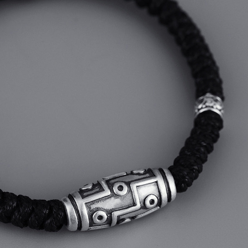 999 Sterling Silver Nine-Eye Dzi Bead Pattern Blessing Rope Bracelet