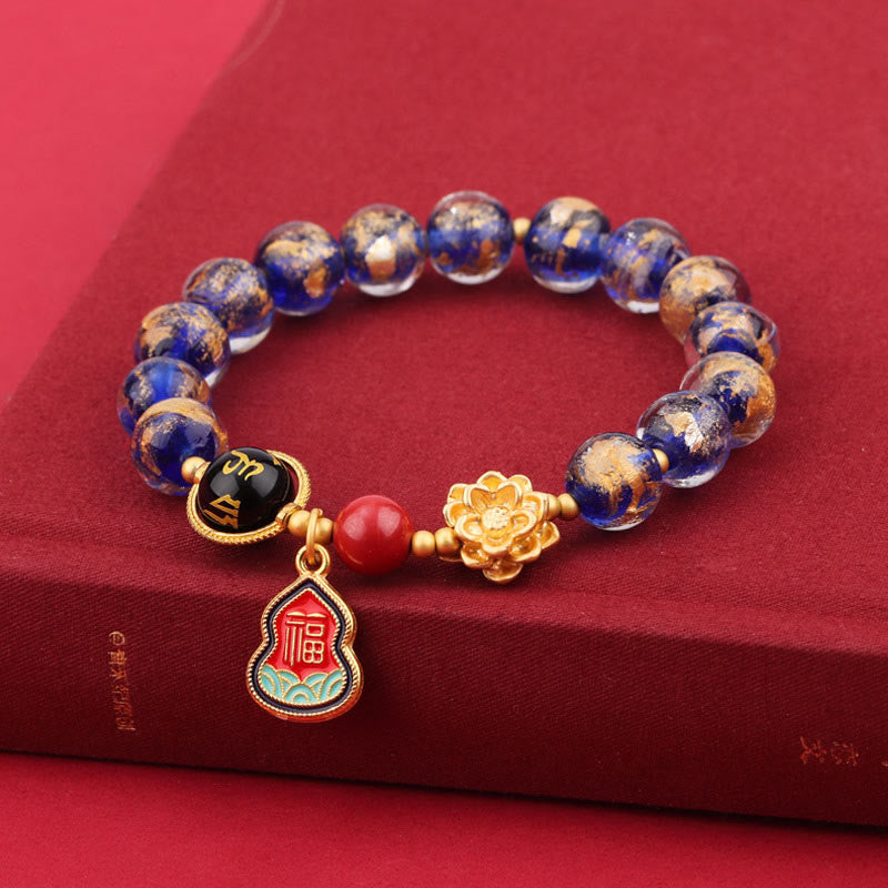 Tibetan Om Mani Padme Hum Lotus & Wu Lou Gourd Copper Charm Liuli Glass Beaded Bracelet