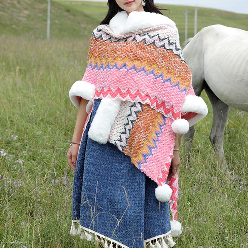Tibetan Multicolored Wavy Lines Knitted Striped Shawl Coat Winter Cozy Travel Scarf Wrap
