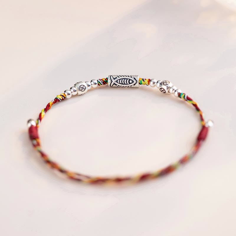 Braided Red String & 925 Sterling Silver Koi Fish Adjustable Bracelet Anklet