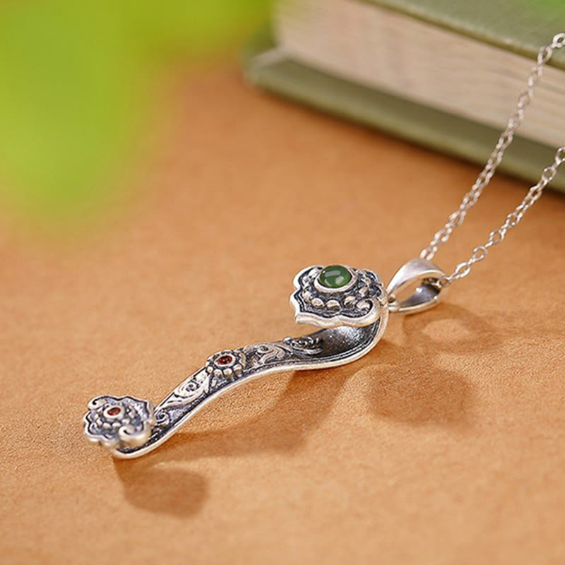 925 Sterling Silver Red Agate Cyan Jade Auspicious Clouds Ruyi Handle Blessing Necklace Pendant