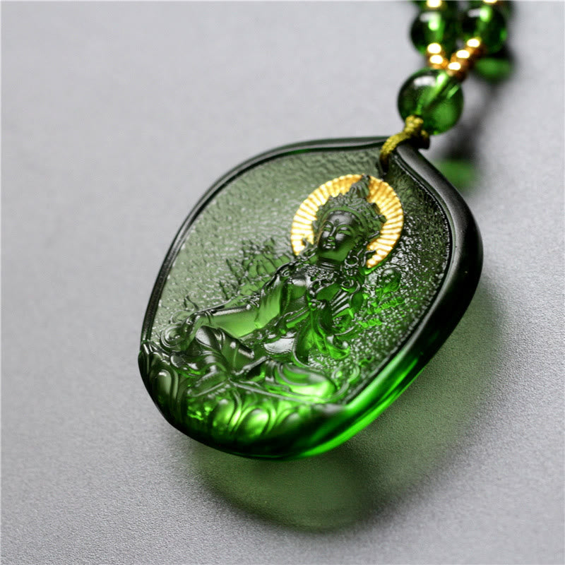 Tibetan Gold Plated Liuli Crystal Green Tara Buddha Pendant Necklace