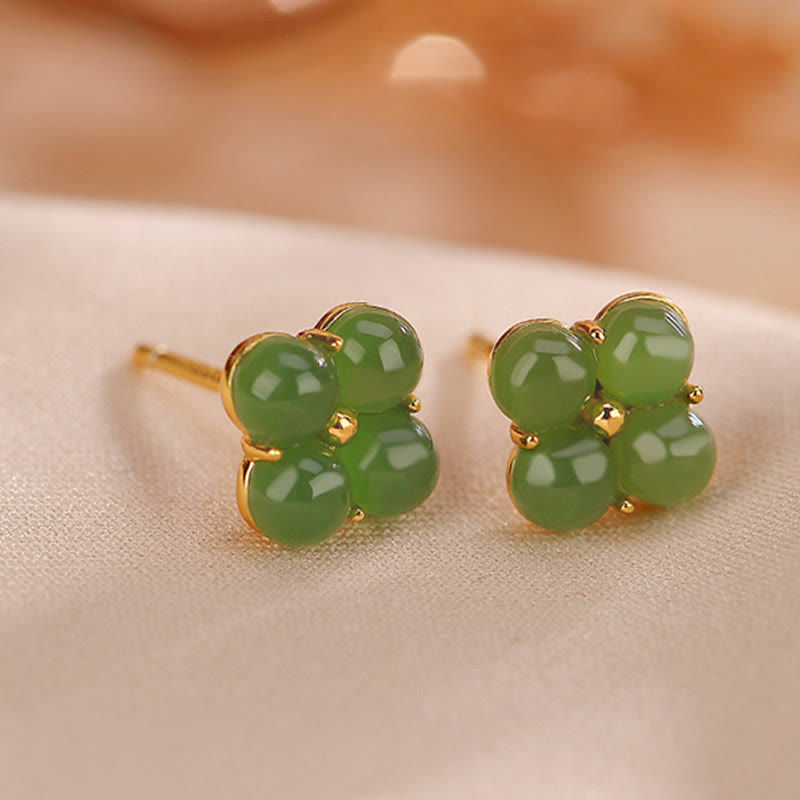 Handcrafted Natural Cyan Jade and Gold Plated 925 Sterling Silver Clover Stud Earrings