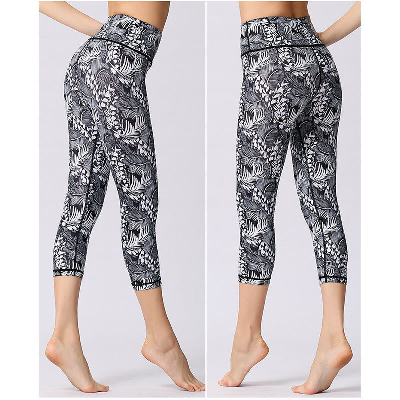 Leaves Butterfly Print Sports Yoga Cropped Leggings Women's Yoga Capri Pants