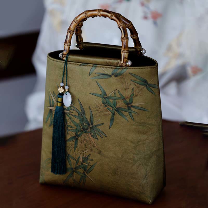 Yellow Green Bamboo Leaves Bamboo Handles Handbag