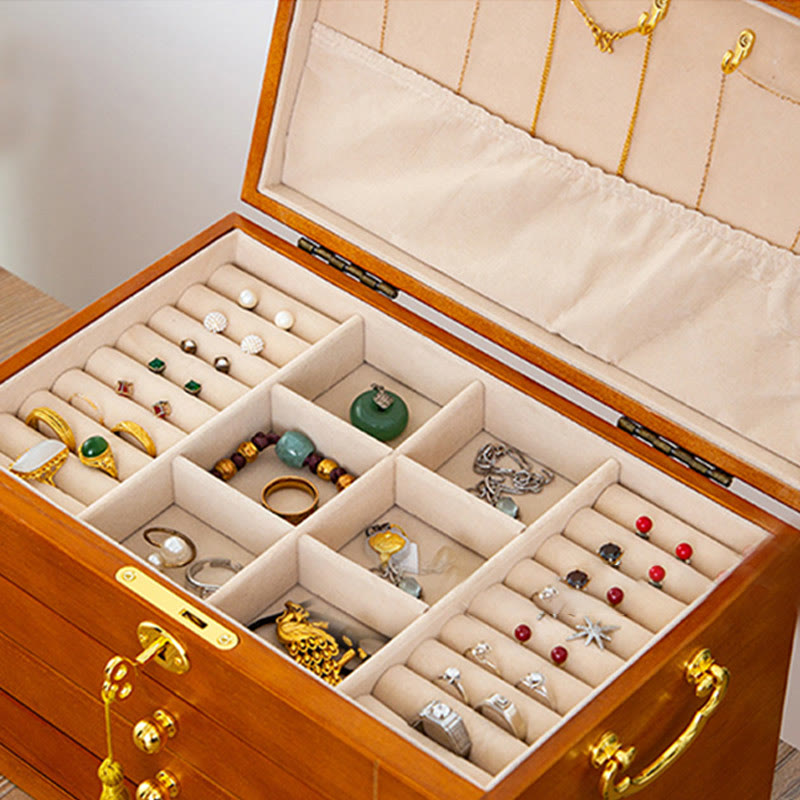 Retro Solid Wood Jewelry Box Four-Layer Wooden Jewelry Storage Box