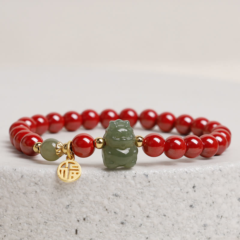 925 Sterling Silver Year of the Dragon Natural Cinnabar Hetian Jade Dragon Fu Character Ruyi As One Wishes Charm Blessing Bracelet