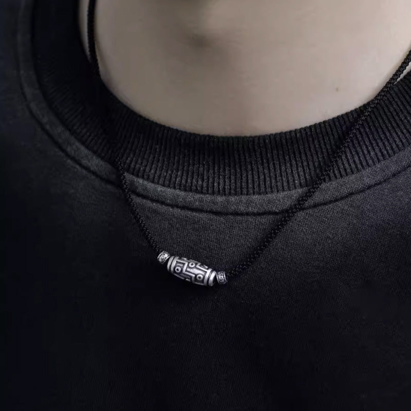 999 Sterling Silver Nine-Eye Dzi Bead Pattern Protection Rope Necklace Pendant