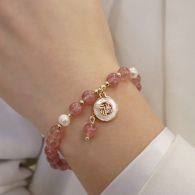 Strawberry Quartz Pearl Elk Smiley Face Fishtail Fu Character Charm Healing Bracelet