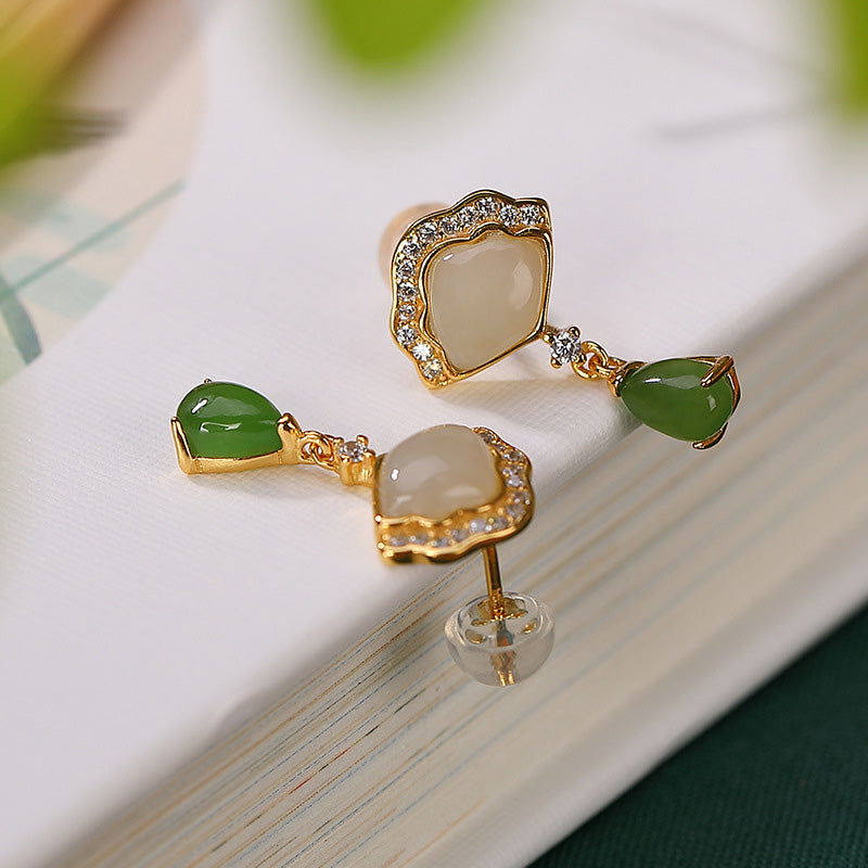 White Jade Cyan Jade Fan Water Drop Pattern Luck Drop Earrings