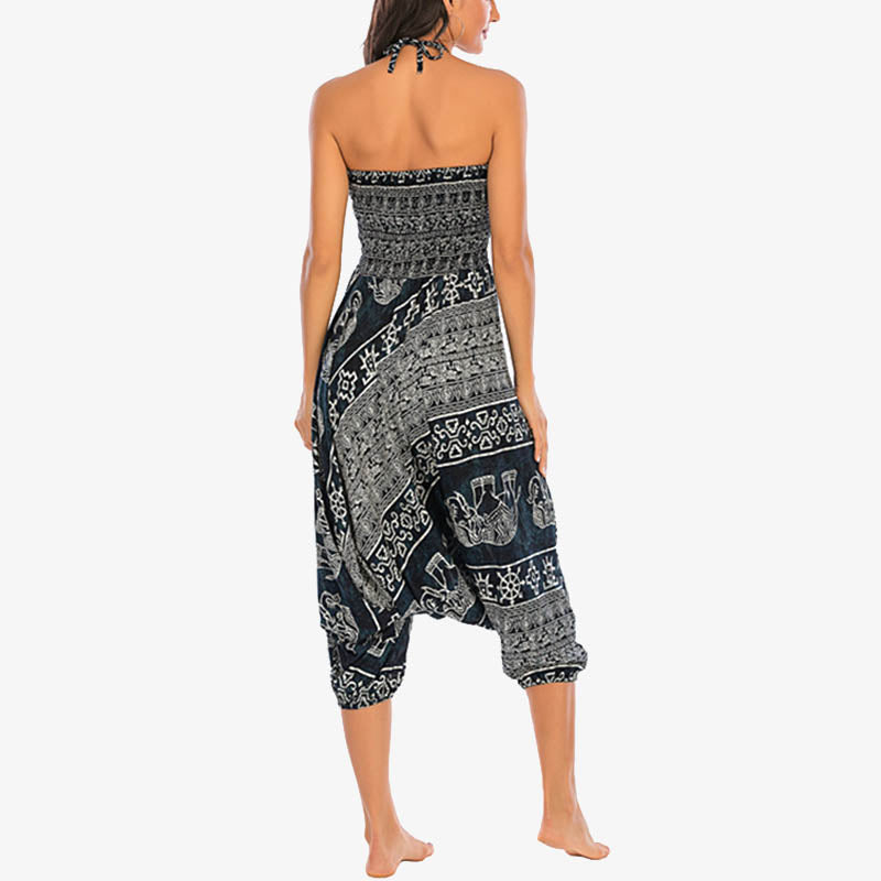 Two Style Wear Elephant Pattern Loose Smocked Harem Trousers Jumpsuit Women's Yoga Pants