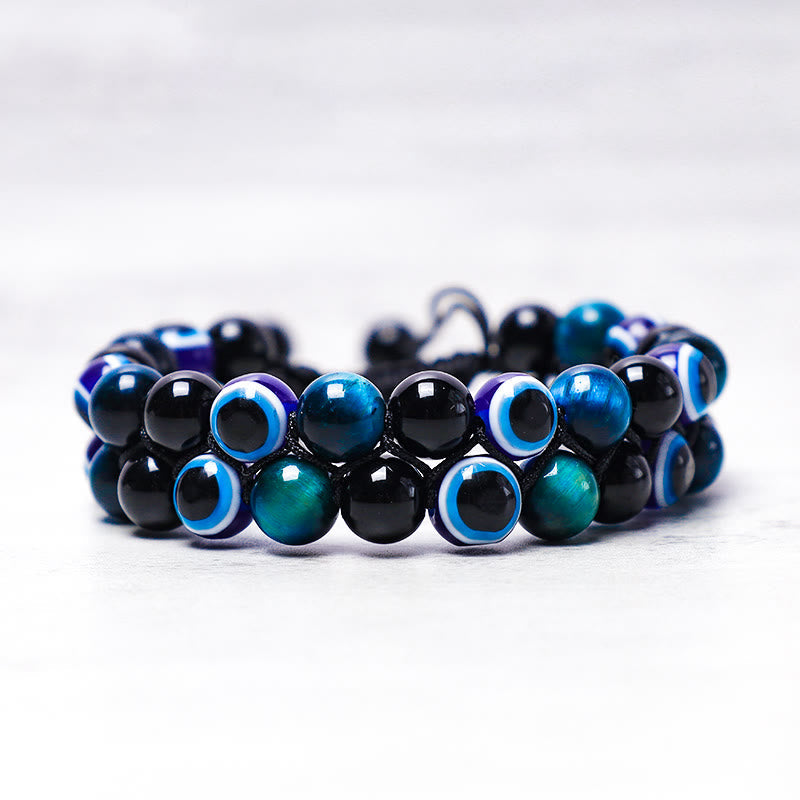 Handmade Evil Eye Hematite and Tiger Eye Adjustable Beaded Bracelet for Men and Women