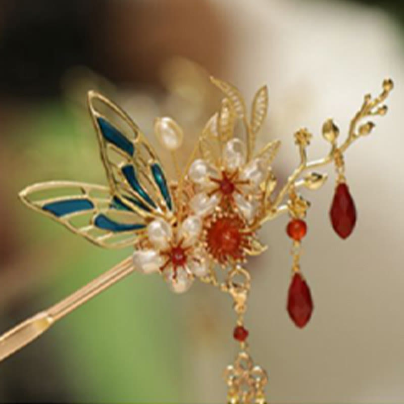 Classical Chinese Style Flower Branche Butterfly Pearl Tassel Hair Clip Hair Comb Hair Crown