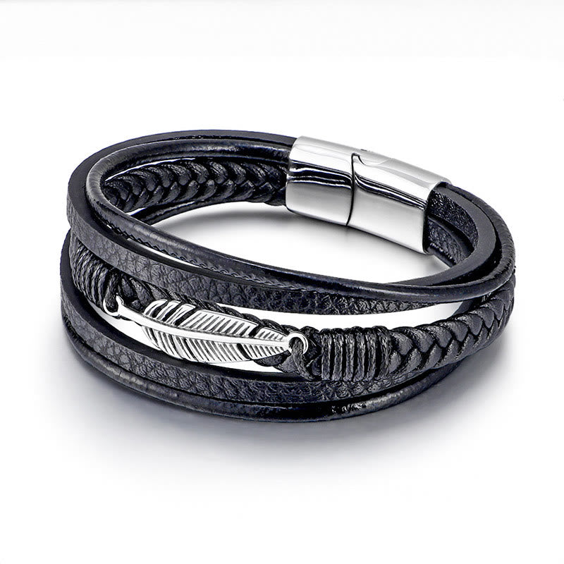Feather Pattern Multilayer Leather Titanium Steel Calm Braided Magnetic Buckle Bracelet