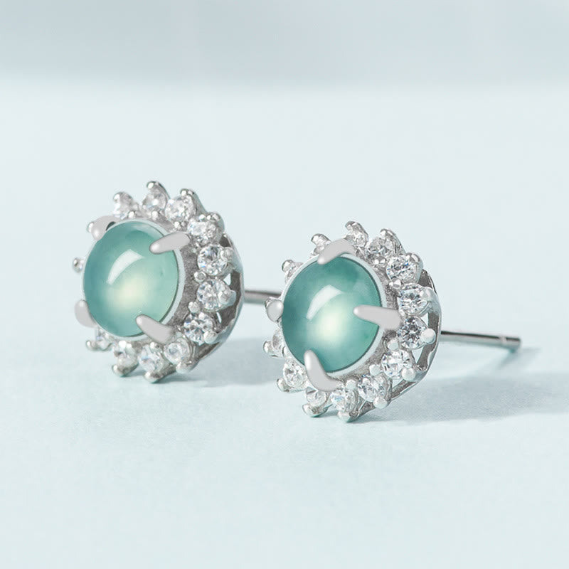 925 Sterling Silver Round Jade Luck Abundance Stud Earrings