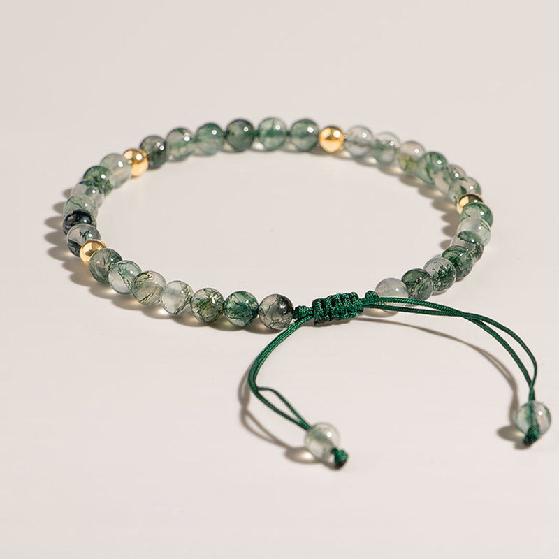 Moss Agate Beaded Bracelet with Copper Golden Accents, Adjustable Fit (14-19cm)