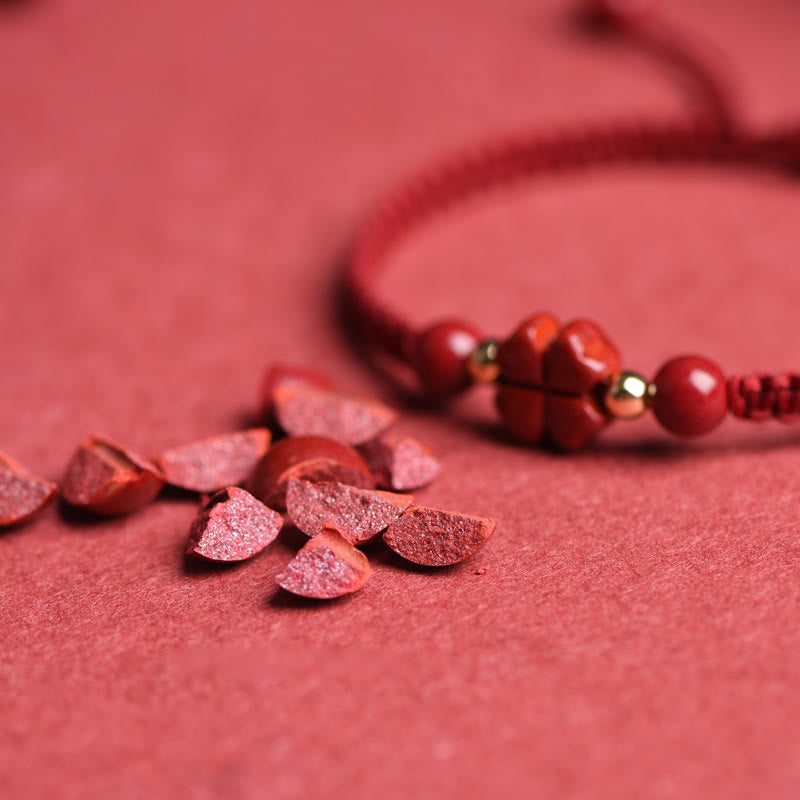 Hand-Woven Red String Cinnabar Clover and Flower Charm Bracelet