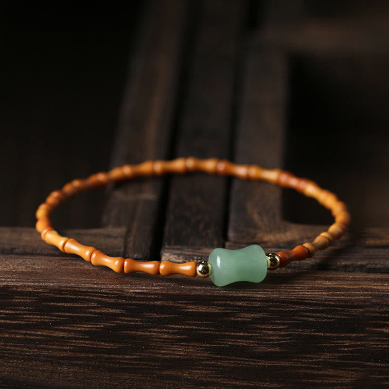 Natural Olive Pit Green Aventurine Bamboo Pattern Luck Bracelet