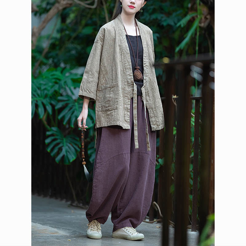 Hanfu Design Three Quarter Sleeve Ramie Linen Coat Open Front Top Jacket