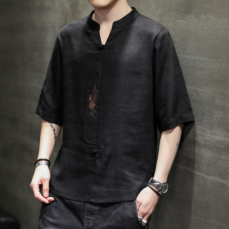 Frog-Button Phoenix Embroidery Chinese Tang Suit Short Sleeve Shirt Cotton Linen Men Clothing