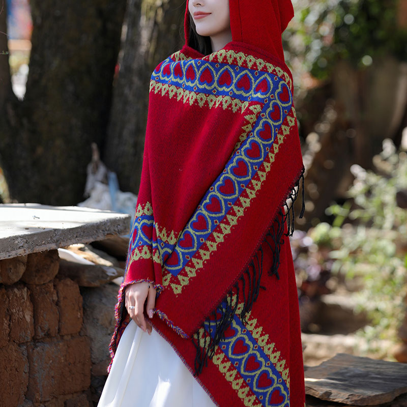 Tibetan Shawl Red Love Heart Tassel Hooded Cloak Winter Cozy Travel Scarf Wrap