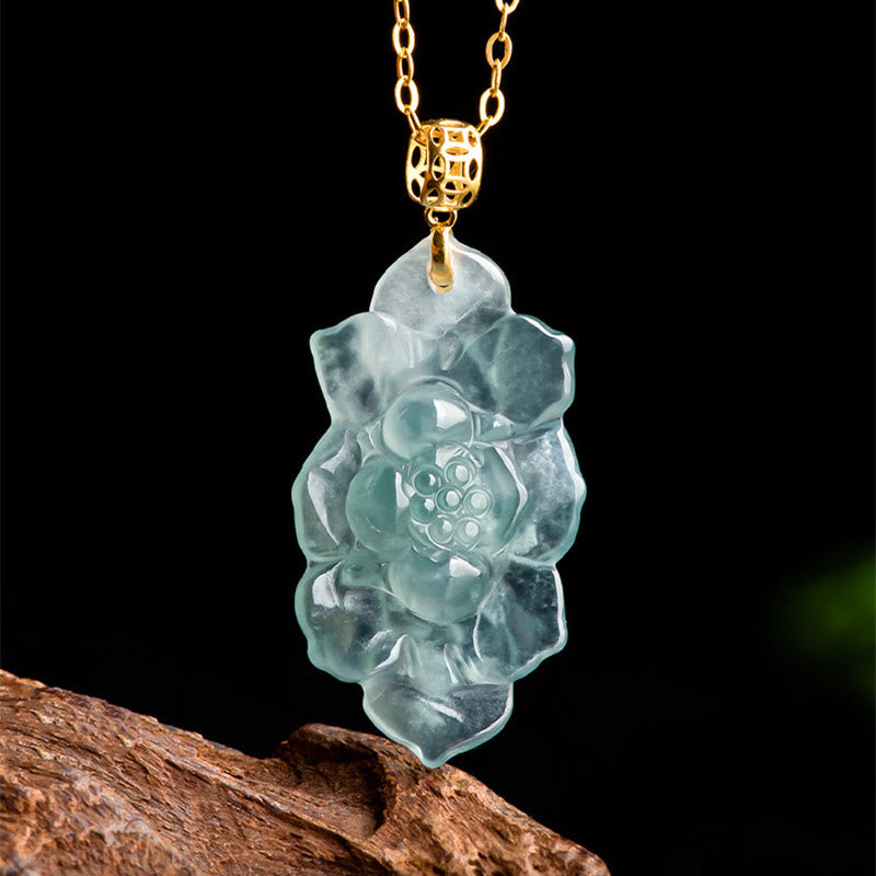 925 Sterling Silver Chain 18K Gold Buckle Natural Jade Lotus Pattern Prosperity Necklace Pendant
