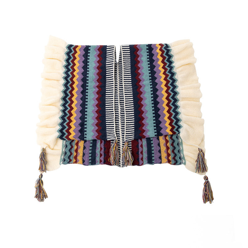 Tibetan Shawl Colorful Striped Wavy Line Tassels Winter Cozy Travel Scarf Wrap