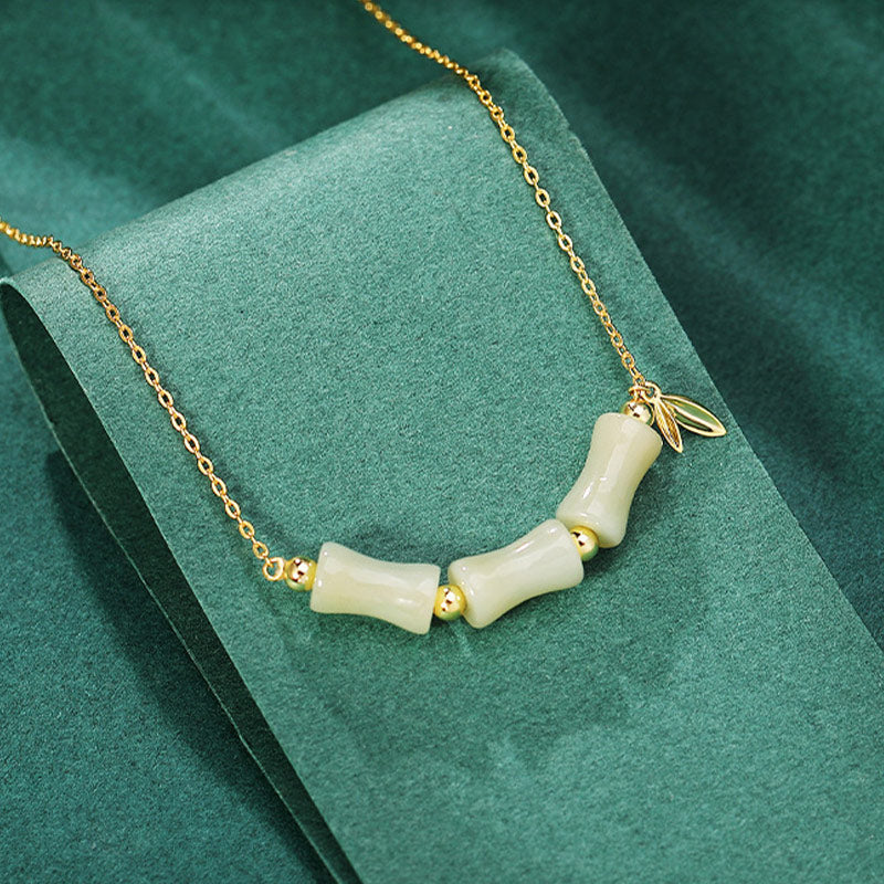 925 Sterling Silver Hetian Jade Bamboo Fu Character Prosperity Necklace Pendant Bracelet