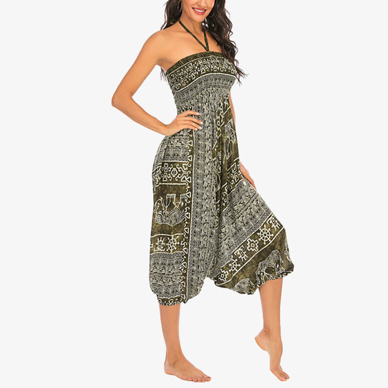 Two Style Wear Elephant Pattern Loose Smocked Harem Trousers Jumpsuit Women's Yoga Pants