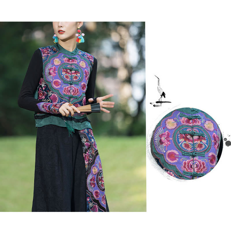 Frog-Button Embroidery Flowers Cotton Linen Tang Suit Design Sleeveless Vest